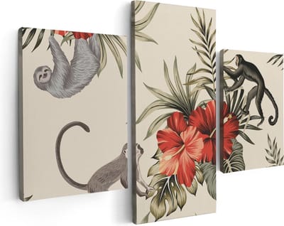 Artaza Canvas Schilderij Drieluik Tropische Bloemen Met Apen Achtergrond - 90x60 - Foto Op Canvas - Canvas Print