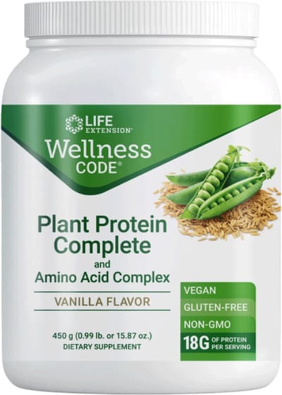 Life Extension - Wellness Code® Plant Protein Complete & Amino Acid Complex - 450 gram Poedervorm - 15 Dagdoseringen - 18 gram Proteïne per dagdosering - Voedingssupplementen