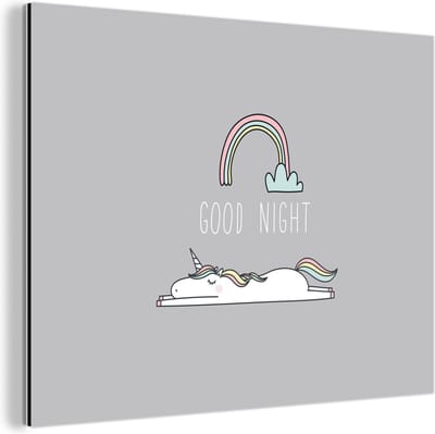 Wanddecoratie Metaal - Aluminium Schilderij Industrieel - Unicorn - Regenboog - Kinderen - Quotes - Good night - Meisjes - 80x60 cm - Dibond - Foto op aluminium - Industriële muurdecoratie - Voor de woonkamer/slaapkamer