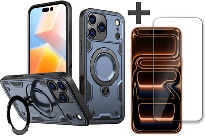 Hoesje Geschikt voor iPhone 17 Pro Max met gehard glas Screenprotector - Armor hoes met Ringhouder - Arara backcover - Donker Blauw