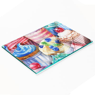 Decoratieve glazen snijplank voor in de keuken, kleurrijke muffins, 80x52 cm