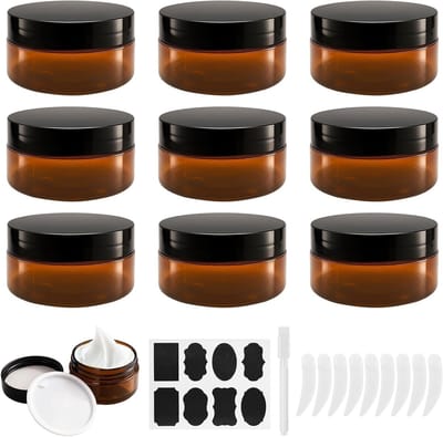 Set van 9 Lege 80 ml Crème Potjes van Bruin Plastic met Deksel en Inleg, Ideaal voor Cosmetica, Lotion en Crèmes met Bead Lepel en Stickers