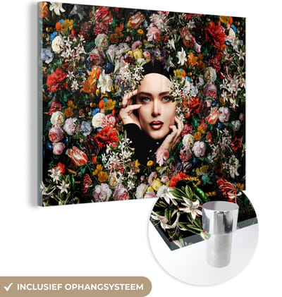 MuchoWow® Glasschilderij 40x30 cm - Schilderij acrylglas - Bloem - Vrouwen - Portret - Botanisch - Foto op glas - Schilderijen