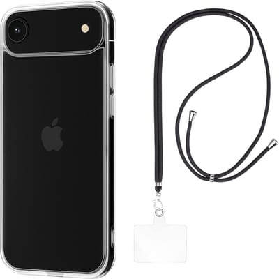 Set met hoesje en nekband voor iphone 17 air - Flexibele, transparante TPU-bescherming, verstelbare universele nekband voor mobiele telefoons, zwarte nekband, transparante draagriem van Phonillico®
