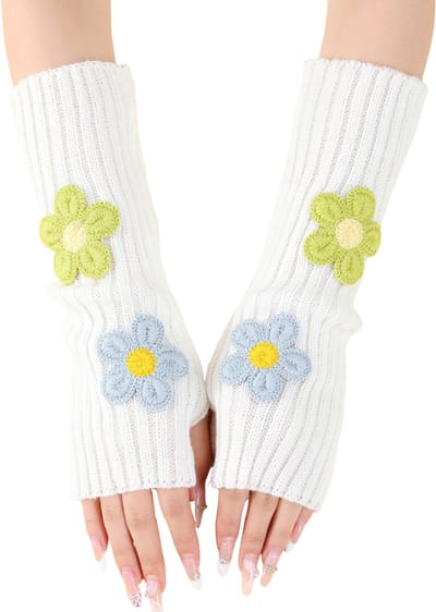 Lange Polswarmers/Armwarmers met Bloemen - Wit 30CM - Vingerloze handschoenen Acryl