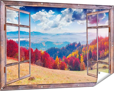 Gards Tuinposter Doorkijk Kleurrijke Herfstbos met Heuvellandschap - 150x100 cm - Tuindoek - Tuindecoratie - Wanddecoratie buiten - Tuinschilderij