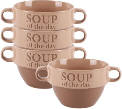 Bellatio Design Soepkommen - 4x - 500 ml - Soup of the day - keramiek - D12 x H8 cm - terra/beige - Stapelbaar