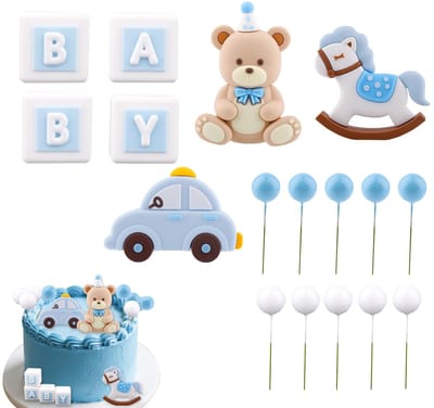 Dailygoods- Taarttoppers Zachte Siliconen - Blauwe Teddybeer/Schommelpaard/Auto - Feestdecoratie - Babybriefblokken - Ballonnen - Charmant Thema - Cakedecoraties