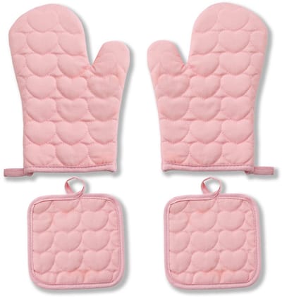 Ovenwanten Set - Bakhandschoenen Hittebestendig - Veilig Koken - Verdikte Antislip Grip - 4 Stuks - Roze