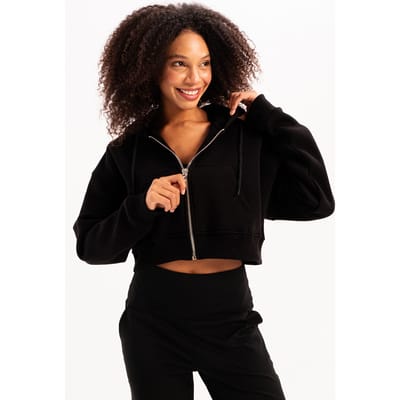 JUSTEVER Crop Hooded Hooded Zippered Kangaroo Pocket Raised Black Women's Sweatshirt - Lumen