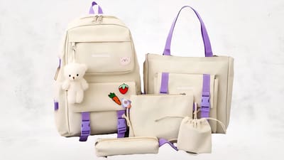 5-delige Rugzak Set / schooltas / Schoolrugzak / Rugtas / School bag / Schooltassen / Schoudertas / Rugzak Set / Schooltas set / Boekentas / Etui / Wit-Paars