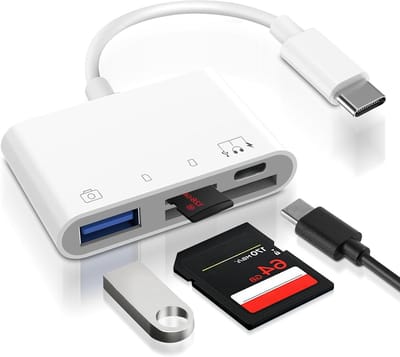 4-in-1 SD-kaartlezer met USB-C, USB-A, SD en MicroSD, hoge snelheid gegevensoverdracht voor iPad, MacBook en Samsung Galaxy, eenvoudig te gebruiken plug & play adapter
