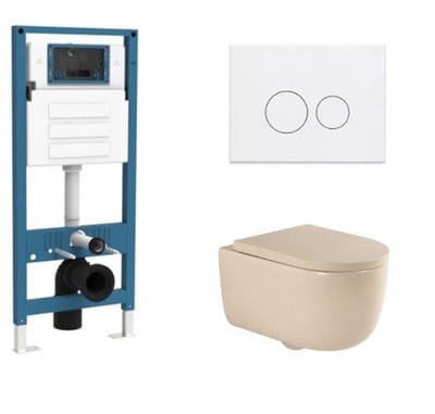 QeramiQ Dely Swirl Toiletset - inbouwreservoir Qeramiq Flush - 35mm zitting - metaal mat witte bedieningsplaat - ronde knoppen - beige