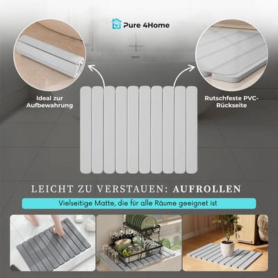 Badmat Opvouwbaar & Oprolbaar 60x39cm | Sneldrogende Douchemat of Afdruipmat voor de Vaat | Absorberende Steenmat Keuken | Antislip & Antibacterieel (Grijs)