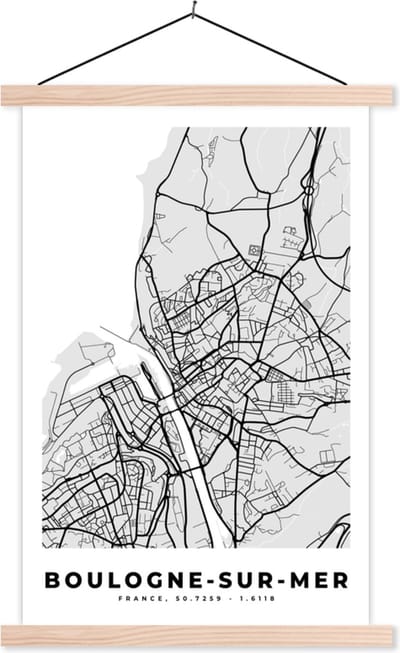 Posterhanger incl. Poster 40x60 cm - Schoolplaat - Frankrijk - Boulogne-sur-Mer - Stadskaart - Plattegrond - Kaart - Textielposter - Blanke latten - Stadskaart