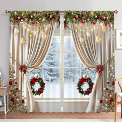 2 stuks Kerstwonderland Gordijn Rustieke Houten Look Met Kerstboom Kerstman Sneeuw & Maan Designs Gordijn voor Woonkamer Vakantie 50W160H(CM)x2Panel&Grommet Top gray