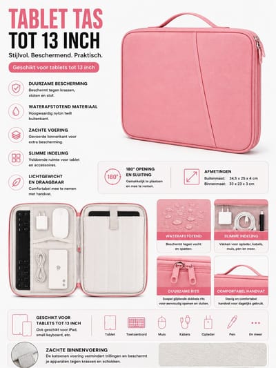 Tablet Organizer Tas 13 inch Roze – Waterafstotende Sleeve – Beschermende Opbergtas voor iPad, Tablet, Toetsenbord & Accessoires – Met Handvat