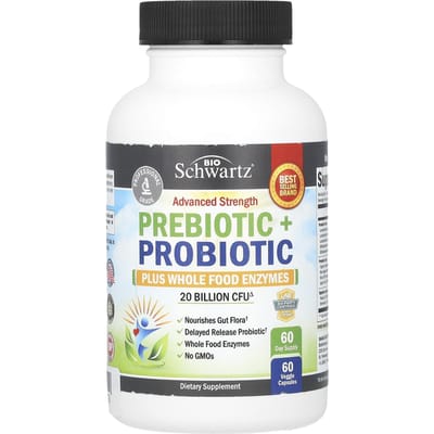 BioSchwartz, prébiotique + probiotique de force avancée, enzymes alimentaires naturelles, 20 milliards d'UFC, 60 capsules végétariennes