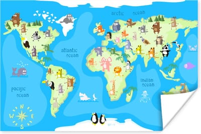 Poster kinderen - Wereldkaart - Kind - Dieren - Blauw - Jongens - Meisjes - Decoratie voor kinderkamers - 30x20 cm - Poster kinderkamer - Muurdecoratie kinderkamer
