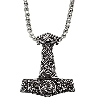 Tesoro Mio Michel – Viking Ketting – Thor’s Hamer Mjolnir met Triquetra – Edelstaal - L 70 cm  - Krijgshamer Hanger 5.3 x 4.5 cm