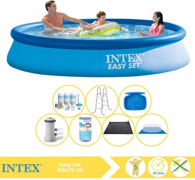 Intex Rond Opblaasbaar Easy Set Zwembad - 366 x 76 cm - Blauw - Inclusief Pomp - Onderhoudspakket - Filter - Grondzeil - Solar Mat - Ladder - Voetenbad - 8-delig