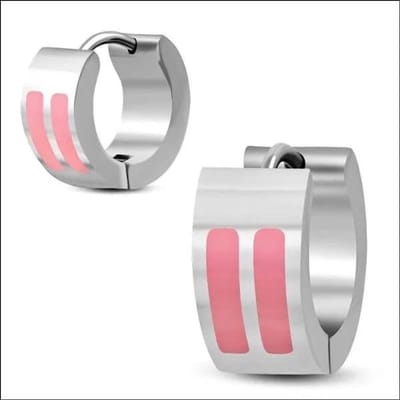 Aramat Jewels | Oorringen | Roze emaille Streepjes Stalen Oorringen | | | |7mm | Staal | Volwassenen | Verkleurd niet