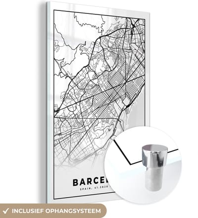 MuchoWow® Glasschilderij 120x180 cm - Schilderij acrylglas - Barcelona - Stadskaart - Plattegrond - Zwart Wit - Kaart - Foto op glas - Schilderijen