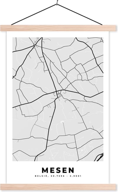 Posterhanger incl. Poster 40x60 cm - Schoolplaat - België – Mesen – Stadskaart – Kaart – Zwart Wit – Plattegrond - Textielposter - Blanke latten - Stadskaart