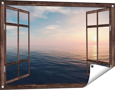 Gards Tuinposter Doorkijk Zee Water tijdens Zonsondergang - 90x60 cm - Tuindoek - Tuindecoratie - Wanddecoratie buiten - Tuinschilderij