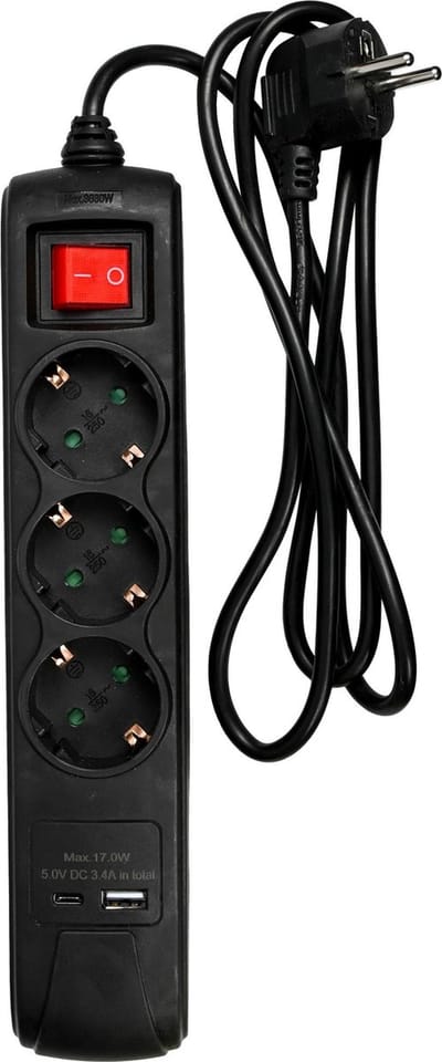Benson 3-voudige stekkerdoos met USB-A en USB-C poorten - 1,5m zwart - met schakelaar