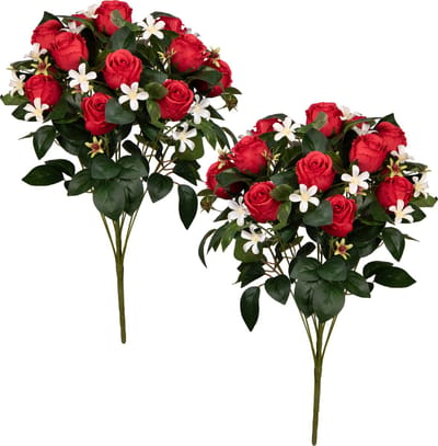 Louis Maes Kunstbloemen boeket rozen/bloesem met bladgroen - 2x - rood - H49 cm - Bloemstuk