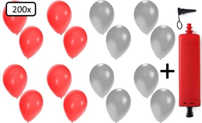 200x Ballonnen rood en zilver + ballonpomp - Ballon carnaval festival feest party verjaardag landen helium lucht thema