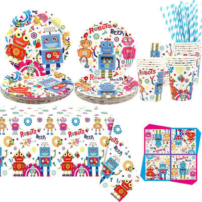 Robot Feestdecoratie - Robot Servies Set - Verjaardagsfeest Organiseren - Uniek Robot Ontwerp - Serveert 20 Personen - Felgekleurd