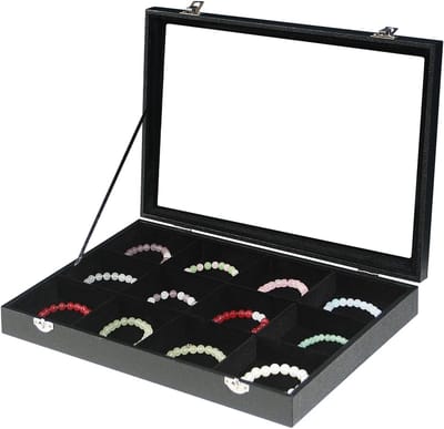 Sieraden Organizer - Sieradendoos Lade - Thuis Opslag - Transparant Glasdeksel - 12 Vakken - Zwart Fluweel
