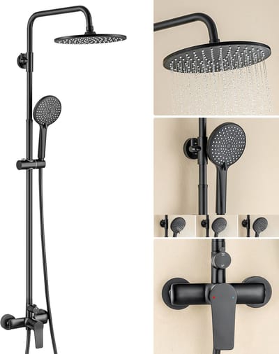 Auralum Max Compleet Douchesysteem - Zwart Doucheset - Regendoucheset - 10 inch Douchekop - 3 Standen Handdouche - Rond Design - Hoogte Verstelbaar 93-130 cm - Wandmontage - Zwart