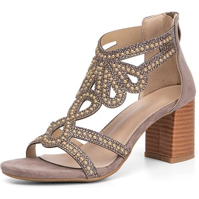 Grote Maten Zomervakantie Sandalen Trendy Comfortabel Lopen Bohemien Stijl Parel Rome Vintage 7cm Vierkante Hoge Hakken Damesschoenen 6 beige