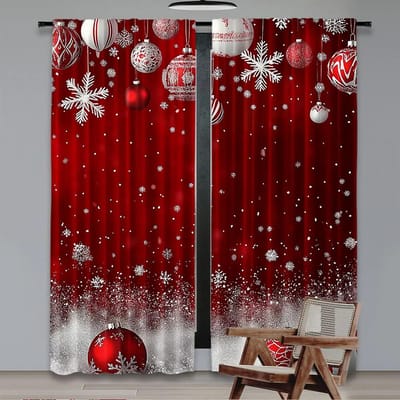 2 Stuks Kerstgordijn Traditioneel Vieringsthema Hanger Kerstballen Sierlijke Sneeuwvlokken Voor Woonkamer Eetkamer Slaapkamer 29x65in(75x166cm) red