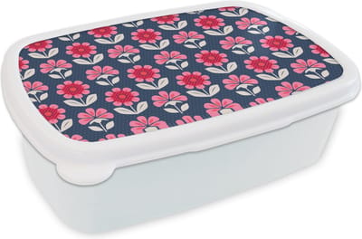 Broodtrommel Wit - Lunchbox - Brooddoos - Bloemen - Patroon - Rood - 18x12x6 cm - Volwassenen