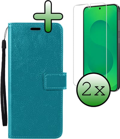 Hoesje Met 2x Screenprotector - Geschikt voor Samsung Galaxy S25 Edge - Luxe Pasjeshouder - Bookcase Portemonee - Flip Case - Kunstleer Book Case - Flipcase Hoes - Book Cover - Walletcase - Portemonneehoes - Turquoise