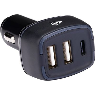 Dunlop Autolader USB - 2x USB-A en USB-C Aansluiting - Power Delivery/ Fast Charge 18W - Aansluiting op Sigarettenaansteker Auto - Kunststof - Zwart