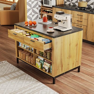 MEUNIQ keukeneiland 120 x 75 x 90 cm in landhuisstijl met 2 lades, 4 open vakken, barzijde, zwarte marmerlook werkblad en eikenhoutlook voor de keuken