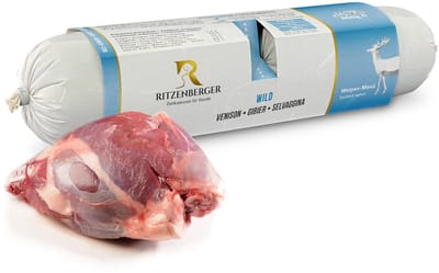 Ritzenberger Puppy Wild met Groenten gestoomde worst. Doos 12 rollen, per rol 2 x 400 gram. Totaal 9.6 kilo