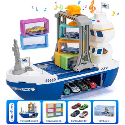Jouets pour enfants Voiture Simulation Piste Navire de transport Jouet avec Lumières et Musique Modèle de navire Jouet voiture Parking Conteneur Jouets pour garçons pour enfants Cadeau