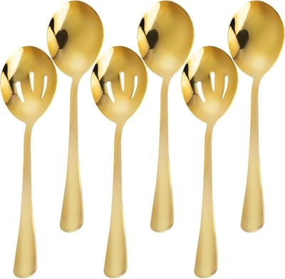Gouden Serveerlepel Set van 6 Stuks, 22 cm, Inclusief 3 Serveerlepels en 3 Geleidelepels, RVS, Perfect voor Buffet en Taartdecoratie, Keukenaccessoires en Bestekset