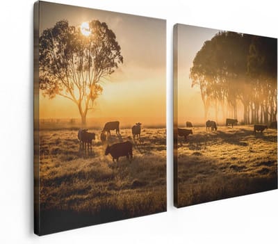 Artaza Canvas Schilderij Tweeluik Kudde Koeien In De Wei Met Zonsopkomst - 120x80 - Foto Op Canvas - Canvas Print