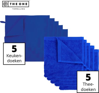 The One Towelling Keukentextiel set - 50 x 50 cm / 50 x 70 cm - 10 Delig - 5 Handdoeken & 5 Theedoeken - Voordeelverpakking - Katoen - Koningsblauw