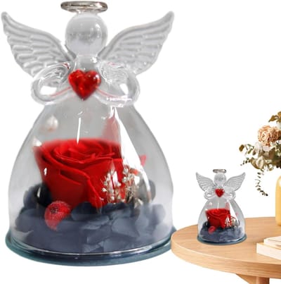 Engel Figuur - Glazen Bewaarde Roos - Romantisch Cadeau - Handgemaakt met Liefde - 7.5x10.5cm - Rood