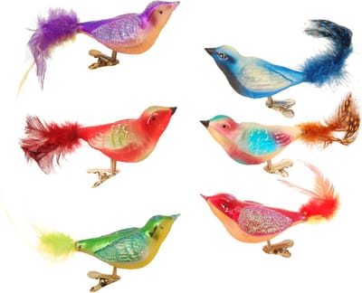 Krebs kerstboomversiering vogels op clip - 6x st - gekleurd - glas - 11 cm