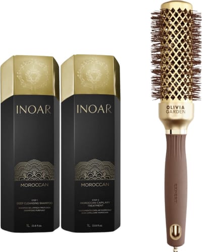 Inoar Moroccon marokkaanse keratine behandeling 2x1000ml kit & Borstel Ceramic+ion Nano Thermic Olivia Garden