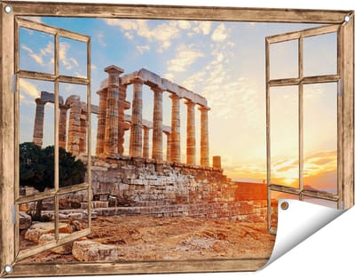 Gards Tuinposter Doorkijk Tempel van Poseidon in Athene, Griekenland - 90x60 cm - Tuindoek - Tuindecoratie - Wanddecoratie buiten - Tuinschilderij